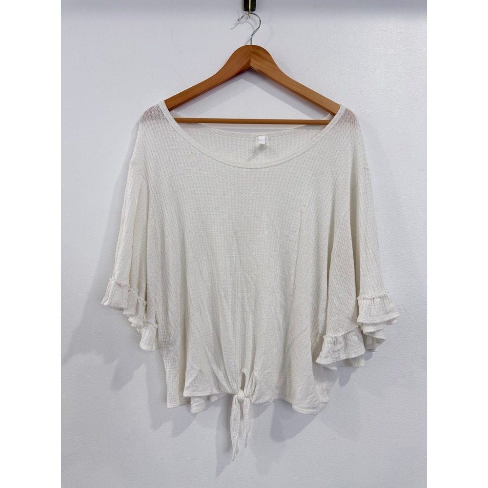 Daisies White Waffle Knit Ruffle Sleeve Tie Front‎ Top XL